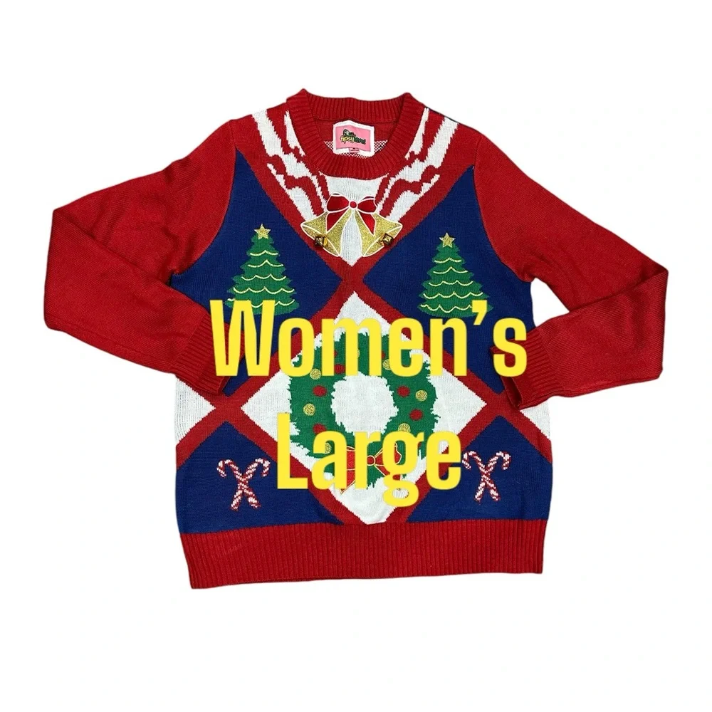 Women’s Tipsy Elves Holiday Christmas Tree Bells Large Sweater Red Colorful EUC